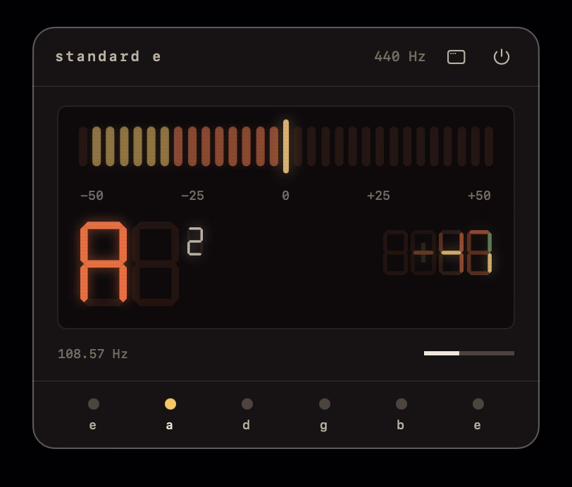 Chromatic Tuner menu-bar popover — compact view showing Standard E preset, A note, +48¢