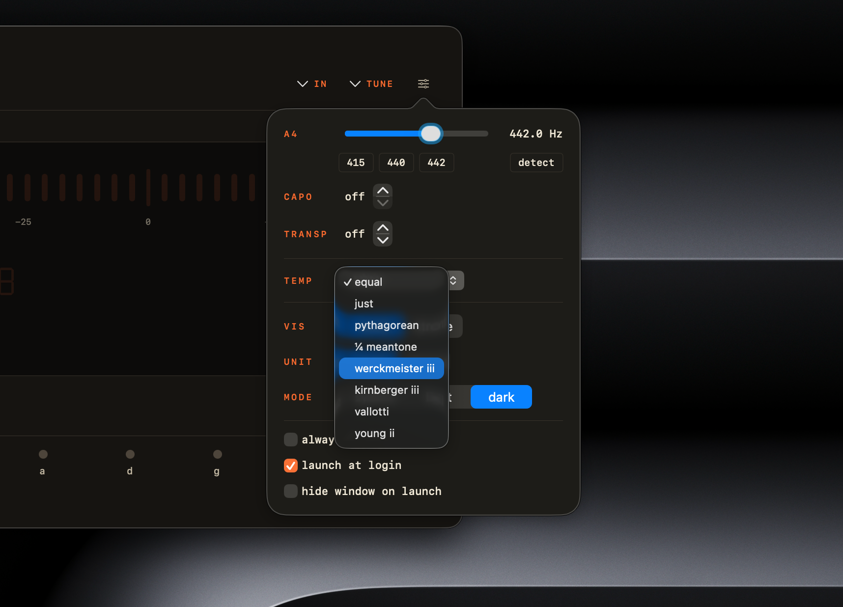 Chromatic Tuner Einstellungen — Instrumentenpreset, Stimmung, A4-Referenz, Kapo, Transpose, Theme, Always-on-top, Beim Login starten